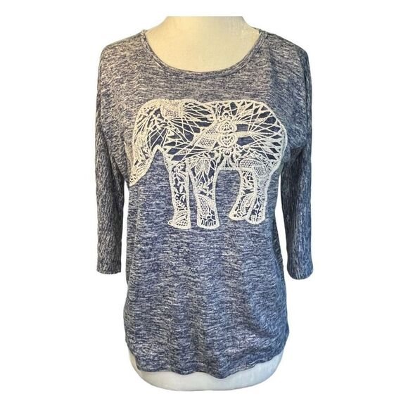 Aeropostale Embroidered Elephant Top Heather Blue Knit Crewneck 3/4 Sleeve M - Picture 1 of 8